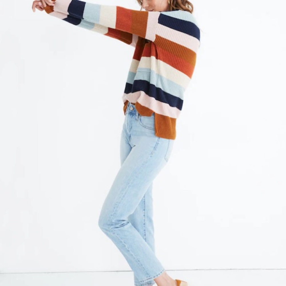Madewell Thompson Pocket Pullover Sweater in Rainbow Stripe Cotton Blend Size S - Picture 9 of 10